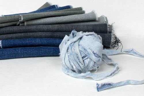 image of a stack of denim fabric and a ball of denim yarn