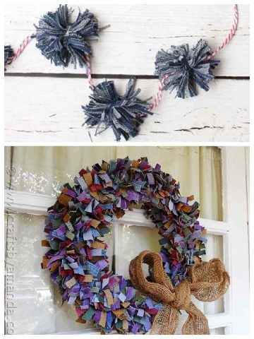 A banner with denim pom moms, a scrap denim wreath