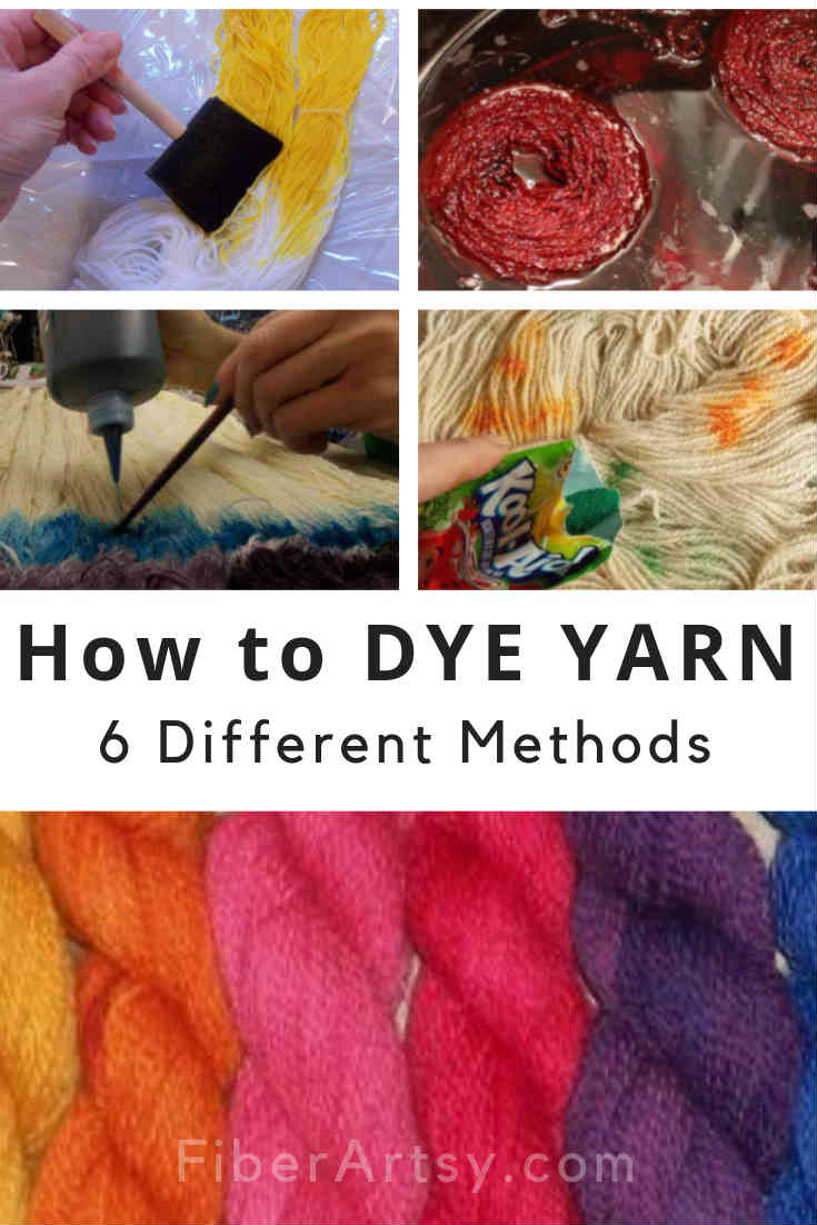 marketing image of various skeins of dyed yarn and text