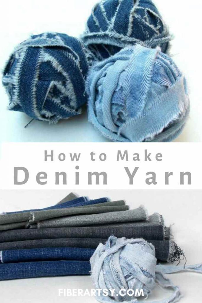 marketing image showing three balls of denim yarn and stacked denim fabric 