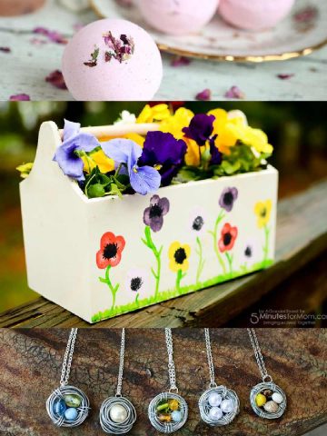 three image collage of pink bath bombs, a wood planter with pansies and silver pendants