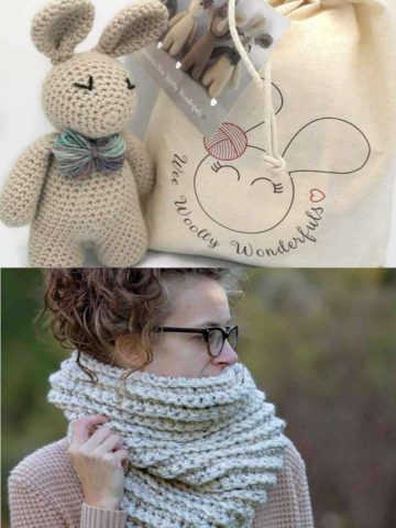 A crochet bunny and a lady wearing a crocheted cowl